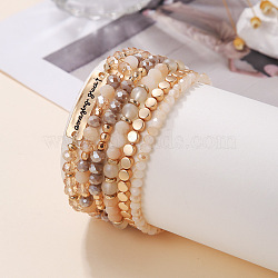 6Pcs 6 Styles Alloy Glass Rondelle Beaded Stretch Bracelets for Women, Golden, PeachPuff, Inner Diameter: 3-3/8 inch(8.5cm), 1pc/style(FS-WG85505-02)