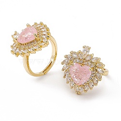 Pink Glass Heart Adjustable Ring with Cubic Zirconia, Brass Jewelry for Women, Real 18K Gold Plated, US Size 6 1/2(16.9mm)(RJEW-J017-VC499)