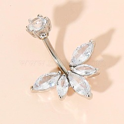 304 Steel Belly Rings, with Micro Pave Cubic Zirconia, Flower, Stainless Steel Color, Pin: 10x1.6mm(WG0752B-01)