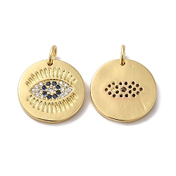 Rack Plating Brass Micro Pave Cubic Zirconia Pendants, with Jump Ring, Long-Lasting Plated, Lead Free & Cadmium Free, Flat Round with Evil Eye Charm, Real 18K Gold Plated, 15.5x1.5mm, Hole: 3mm(KK-F853-06G)