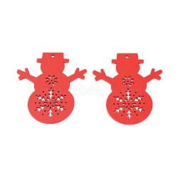 Christmas Theme Spray Painted Wood Big Pendants, Snowman Charm with Hollow Snowflake, Red, 67x59x2mm, Hole: 3mm(WOOD-N005-82B)