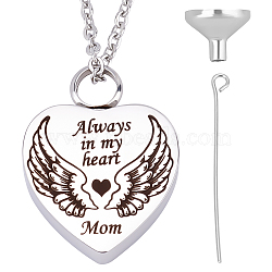 CREATCABIN Mom Always in My Heart Wing Urn Pendant Necklace, Heart Ashes Urn Memorial Necklace, with Stainless Steel Mini Funnel, Word, 21.85 inch(55.5cm)(STAS-CN0001-10A)