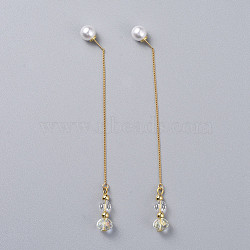 Long Chain Earrings, Brass Dangle Stud Earrings, with Glass Beads, Acrylic Imitation Pearl Earring Backs/Ear Nuts, Golden, Clear, 112mm, Pin: 0.7mm(EJEW-JE03677-02)