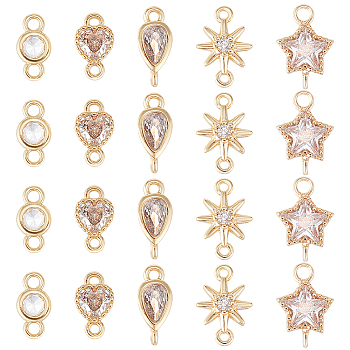 20Pcs 5 Style Brass Micro Pave Cubic Zirconia Links, Long-Lasting Plated, Flat Round & Star & Teardrop & Heart, Cadmium Free & Nickel Free & Lead Free, Real 18K Gold Plated, 4~10x4~8x2~4mm, Hole: 0.9~1.2mm, 4pcs/style