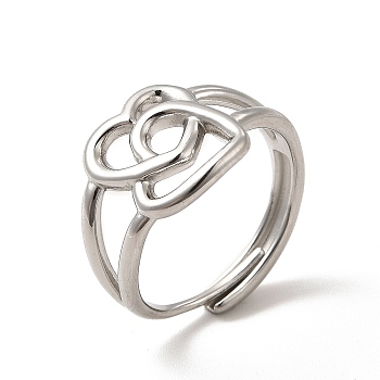 304 Stainless Steel Double Heart Adjustable Ring for Women, Stainless Steel Color, Inner Diameter: 19mm