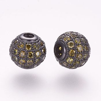 Brass Micro Pave Cubic Zirconia Beads, Round, Yellow, 8x7.5mm, Hole: 1.8mm