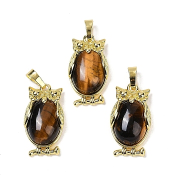 Natural Tiger Eye Pendant, with Brass Findings,  Lead Free & Cadmium Free, Long-Lasting Plated, Owl, 28.5x15.5x7mm, Hole: 5x8mm