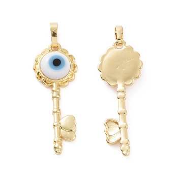 Handmade Evil Eye Lampwork Pendants, with Real 18K Gold Plated Tone Brass Findings, Key Charm, White, 33x12x4mm, Hole: 4x6mm