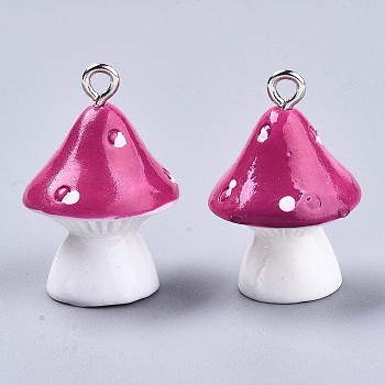 Opaque Resin Pendants, with Platinum Tone Iron Loops, Mushroom with Polka Dots, Medium Violet Red, 23~24x17mm, Hole: 2mm