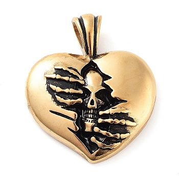 304 Stainless Steel Pendants, Heart with Skull Charm, Antique Golden, 35.5x30x5mm, Hole: 5x6mm