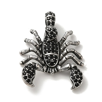 316L Surgical Stainless Steel Pendants, with Rhinestone, Scorpio Charm, Antique Silver, 39.5x29.5x9.5mm, Hole: 6x5mm
