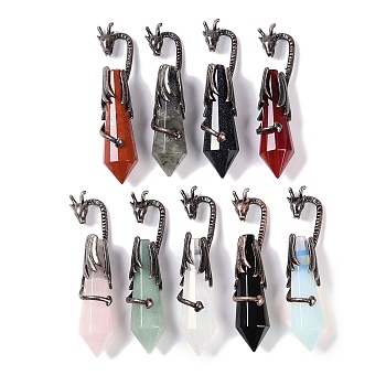 Natural & Synthetic Mixed Gemstone Faceted Pointed Bullet Big Pendants, Rack Plating Brass Dragon Charms, Lead Free & Cadmium Free, Red Copper, Mixed Dyed and Undyed, 73.5~78.5x15.5~16.5x15.5~16.5mm, Hole: 4x2.5mm