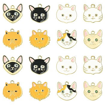 32Pcs 8 Styles Cat Shape Alloy Enamel Pendants, Golden, Mixed Color, 17.5~22.5x17.5~20x1.5mm, Hole: 1.6~1.8mm, 4pcs/style