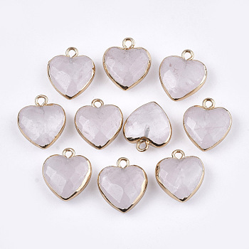 Electroplate Natural Quartz Crystal Pendants, Rock Crystal Pendants, with Cadmium Free & Nickel Free & Lead Free Iron Findings, Faceted, Heart, Golden, 16~17x14~15x6~7mm, Hole: 1.8mm