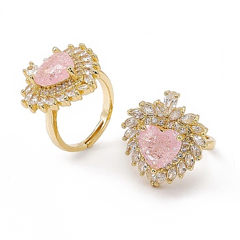 Pink Glass Heart Adjustable Ring with Cubic Zirconia, Brass Jewelry for Women, Real 18K Gold Plated, US Size 6 1/2(16.9mm)