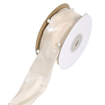 1Roll Polyester Ribbon, with Plastic Imitation Pearl, for DIY Veils Blushers Fascinators, Stage Set, Bowknot Making, Linen, 1-5/8 inch(40mm), 1roll/set
