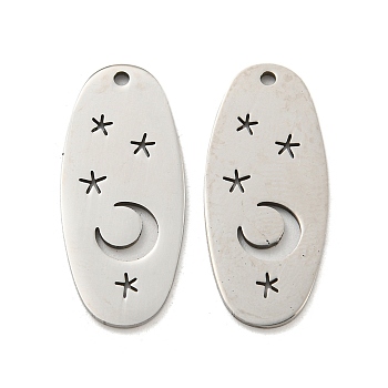 316L Surgical Stainless Steel Pendants, Stainless Steel Color, Laser Cut, Oval with Moon & Star, 25x11x1mm, Hole: 1.3mm