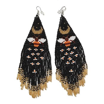 Bohemia Woven Glass Seed Bead Dangle Earrings, Tassel Chandelier Iron Earrings for Women, Butterfly, Colorful, 155mm, Pendant: 138x43mm
