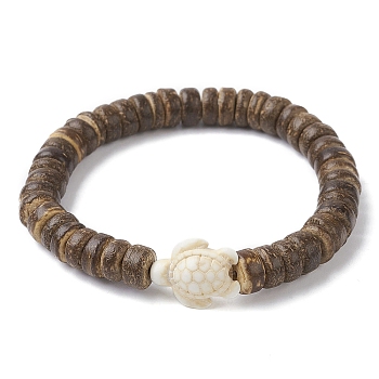 Natural Coconut Disc & Synthetic Turquoise Turtle Beaded Stretch Bracelet for Women, Inner Diameter: 2-1/8 inch(5.5cm)