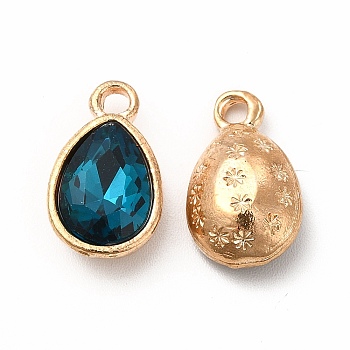 Faceted Glass Rhinestone Pendants, with Golden Tone Zinc Alloy Findings, Teardrop Charms, Marine Blue, 15x9x5mm, Hole: 2mm