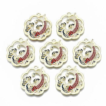 Chinese Style Alloy Pendants, with Enamel, Flower with Fish, Cadmium Free & Lead Free, Red, Light Gold, 29.5x27x1.5mm, Hole: 1.8mm