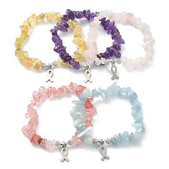 Natural & Synthetic Mixed Gemstone Chips Beaded Stretch Bracelets, Stainless Steel Breast Cancer Care Ribbon Charms Bracelet, Inner Diameter: 1-7/8~2 inch(4.7~5.1cm)