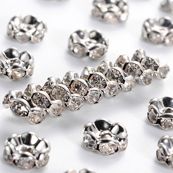 Brass Rhinestone Spacer Beads, Grade A, Wavy Edge, Platinum Metal Color, Rondelle, Crystal, 8x3.8mm, Hole: 1mm