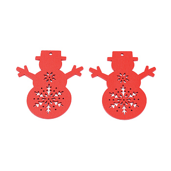 Christmas Theme Spray Painted Wood Big Pendants, Snowman Charm with Hollow Snowflake, Red, 67x59x2mm, Hole: 3mm