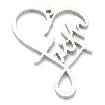 304 Stainless Steel Pendants, Heart with Word Faith, Stainless Steel Color, 38x29x2mm, Hole: 1.8mm