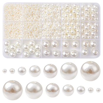 About 1173pcs ABS Plastic Imitation Pearl Beads, Round, Old Lace, 3~14x2.5~14mm, Hole: 1.2~2.3mm; about 1173pcs/box