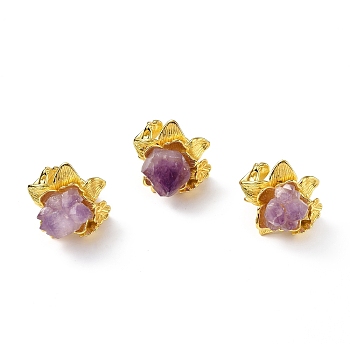 Natural Amethyst Nugget Flower Open Cuff Ring, Rack Plating Brass Jewelry for Women, Golden, US Size 8 3/4(18.7mm)
