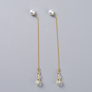 Long Chain Earrings, Brass Dangle Stud Earrings, with Glass Beads, Acrylic Imitation Pearl Earring Backs/Ear Nuts, Golden, Clear, 112mm, Pin: 0.7mm