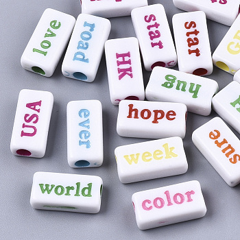 Opaque Acrylic Beads, Rectangle with Words, Mixed Color, 7.5x15x4.5mm, Hole: 3mm, about 1180pcs/500g