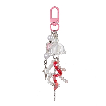 Luminous Acrylic Star Pendant Decoration, Jellyfish Glass Wind Chime Ornament, with Alloy Clasps, Pink, 118~121mm, Pendant: 9~90x7.5~23x7~23mm