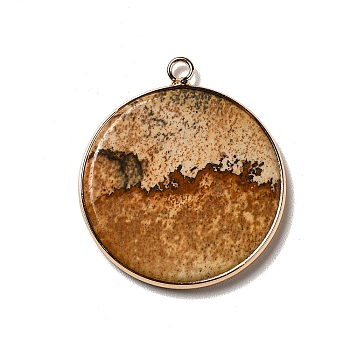 Natural Picture Jasper Pendants, Flat Round Charms, with Golden Plated Brass Frame, 35x31x3~3.5mm, Hole: 2.5mm