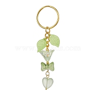 Bowknot & Heart Glass Pendant Decorations, with Acrylic Leaf/Flower Charm amd Iron Split Key Rings, Pale Green, 8.8cm(KEYC-JKC00691-02)