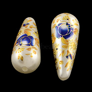 Teardrop Flower Printed Acrylic Beads, Imitation Pearl Beads, Opaque, Dark Blue, 32x13mm, Hole: 1.5mm(OACR-R013-A05)