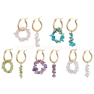 Natural Mixed Gemstone Chips Asymmetrical Earrings, 304 Stainless Steel Hoop Earrings, Golden, 35~37mm, 41~43mm(EJEW-JE05707)