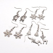 Christmas Theme Tibetan Style Alloy Dangle Earrings, with Brass Earring Hooks, Antique Silver, 41~46mm, Pin: 0.6mm(EJEW-JE01633)