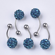 Stainless Steel Body Jewelry, Belly Rings, with Polymer Clay Rhinestones, Round Ball Curved Barbell Navel Rings, Light Sapphire, 25~29.5x10mm, Bar Length: 1/2"(12mm), Pin: 17 Gauge(1.2mm), PP11(1.7~1.8mm)(AJEW-T007-01E)