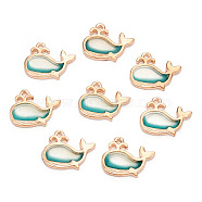 Transparent Alloy Resin Pendants, Dolphin Charms, with Glitter Powder, Cadmium Free & Lead Free, Golden, Dark Turquoise, 15x19x2.5mm, Hole: 1.6mm(RESI-TD001-20)