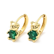 Green Cubic Zirconia Bear Hoop Earrings, Rack Plating Brass Jewelry for Women, Cadmium Free & Nickel Free & Lead Free, Real 18K Gold Plated, 11.5x15.5x2mm, Pin: 0.8mm(EJEW-C028-06G)