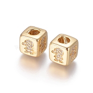 Brass Micro Pave Cubic Zirconia Beads, Long-Lasting Plated, Cube with Human Pattern, Golden, Clear, Golden, 10x8x8.5mm, Hole: 1.5x3.5mm and 4mm(ZIRC-G162-16G-09)