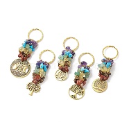 5Pcs Chakra Natural Gemstone Chip Pendant Keychain, with Iron Findings and Alloy Pendants, Tree of Life/Flat Round with Tree of Life & Lotus & Moon Pattern, Antique Golden, 80.5~95mm(KEYC-JKC00414)