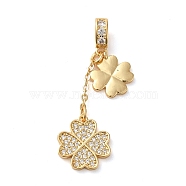 Brass Micro Pave Clear Cubic Zirconia European Dangle Charms, Large Hole Heart Clover Pendants, Real 18K Gold Plated, 36.5x12x1.5mm, Hole: 3x4.5mm(KK-G483-13G)