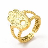 Ion Plating(IP) 304 Stainless Steel Hamsa Hand Open Cuff Ring Settings, with Round Tray, Real 18K Gold Plated, Inner Diameter: 17mm, Tray: 3mm(RJEW-B027-22G)