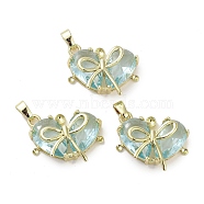Real 18K Gold Plated Brass Glass Pendants, Heart with Bowknot Charm, Lead Free & Cadmium Free, Long-Lasting Plated, Pale Turquoise, 14x19x6mm, Hole: 2.5x4mm(KK-R161-02G-06)