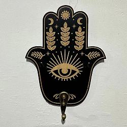 Wooden Hamsa Hand/Hand of Miriam with Eye Wall Decoration, for Living Room Wall Hanging, Black, 140x100x30mm(WG42058-01)