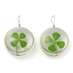 Platinum Brass with Glass Pendants, Clover Pattern Charms, Long-Lasting Plated, Flat Round, 34~36x24~25x11mm, Hole: 4x5~7mm(KK-G486-15B)