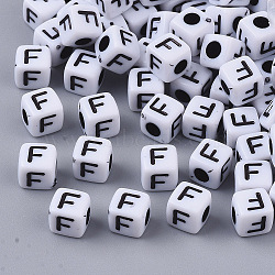 White Opaque Acrylic Beads, Horizontal Hole, Cube with Black Alphabet, Letter.F, 4~5x4~5x4~5mm, Hole: 1.8mm, about 255~260pcs/20g(X-MACR-R869-02F)
